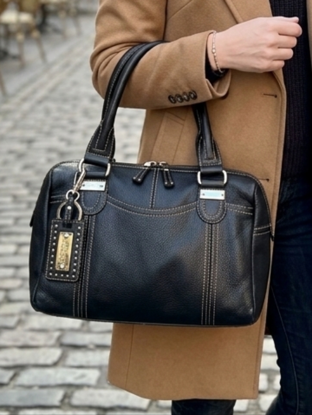 TIGNANELLO Black Leather Double-Handle Satchel with Silver Hardware.